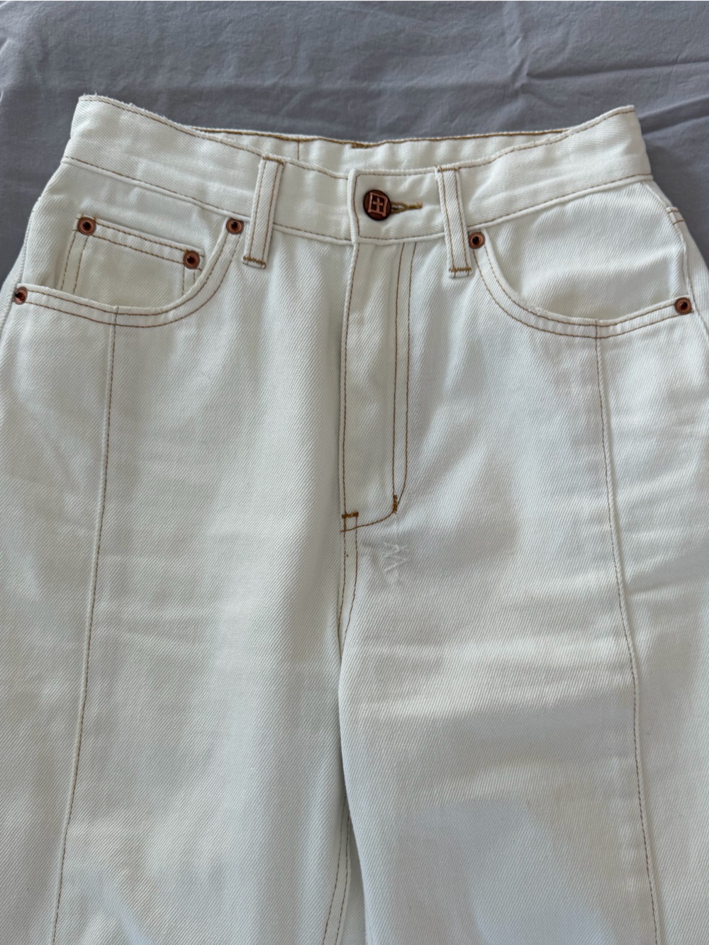 Ksubi White Slim Straight Jeans with Tan Stitching